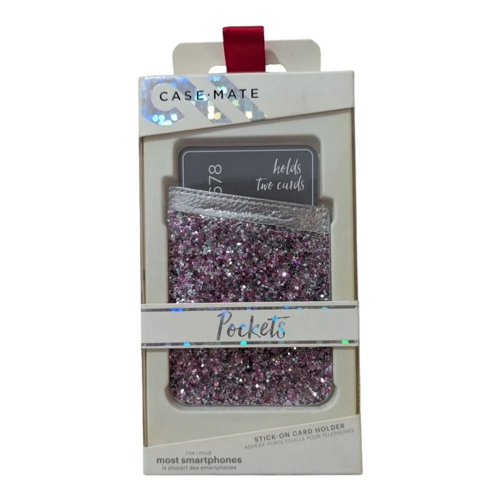 F2. Case-Mate Pockets Stick-on Card Holder - Glitter Pink Fits Most Smartphones